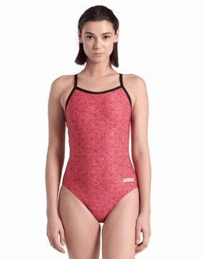 Abstract Tiles Lightdrop Back Swimsuit - Red minimalistic swimsuits women, sleek swimwear styles