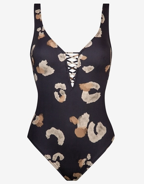 Abstraction Plunge Swimsuit - Black and Brown pool-ready swimwear for women, trendy swimwear collection