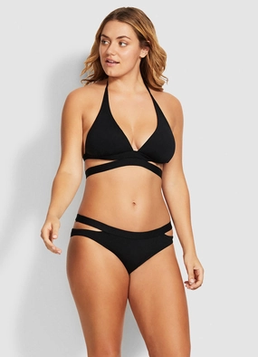 Active Split Band Hipster Bikini Pants - Black push up bikinis women, sporty womens bikini sets