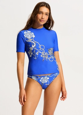Ahoy Short Sleeve Rashvest - Azure plus size swimwear women, summer swimwear for ladies