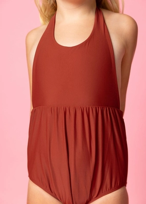 Amber Brown | Mini Romper One-Piece girls full coverage swimwear, kids swimwear for pool