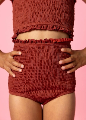 Amber Brown | Mini Smocked Bottoms girls full coverage swimwear, kids swimwear for pool