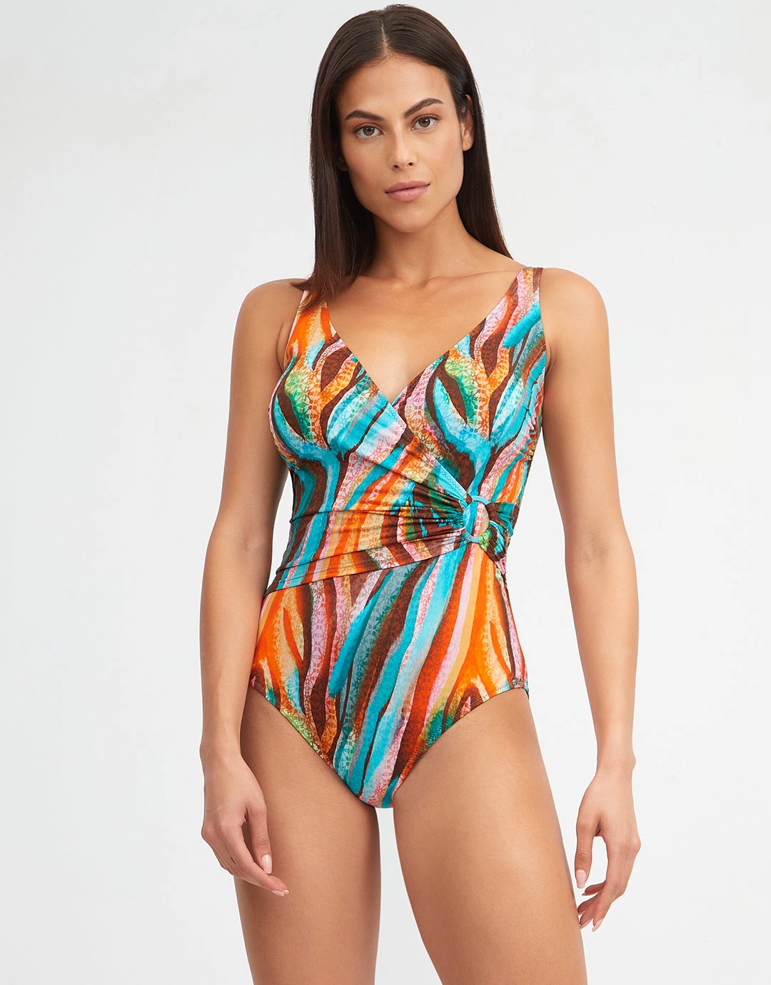 Aquarelle Wrap Front Swimsuit womens resort swimwear, flattering one-piece swimsuits