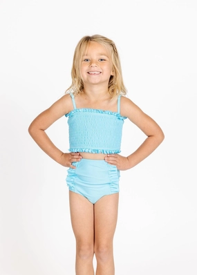 Arctic Blue | Mini Down in Front Ruffle Bottoms girls full coverage swimwear, kids swimwear for pool