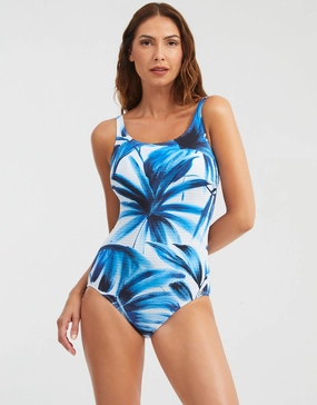 Azura High Front Swimsuit - Blue and White womens resort swimwear, flattering one-piece swimsuits