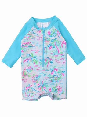 Baby Boys Tropical Resort Long Sleeve One Piece Rash Guard In White stylish teen girl swimsuits, teen girls swimwear sets