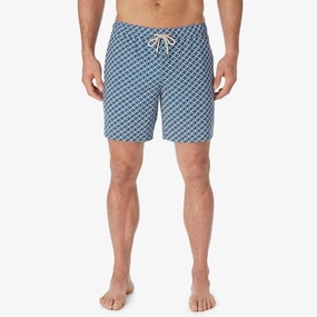 Bayberry Trunk In Navy Geo mens full coverage swimwear, stylish mens swim trunks