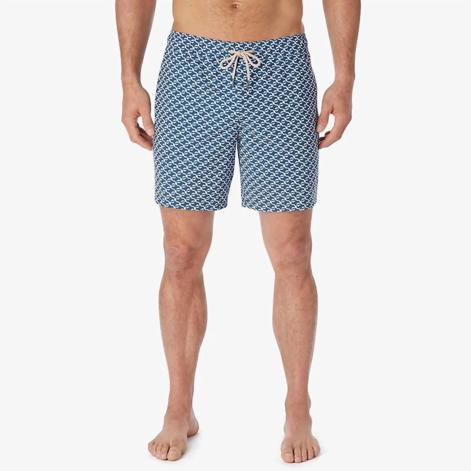 Bayberry Trunk In Navy Geo mens full coverage swimwear, stylish mens swim trunks