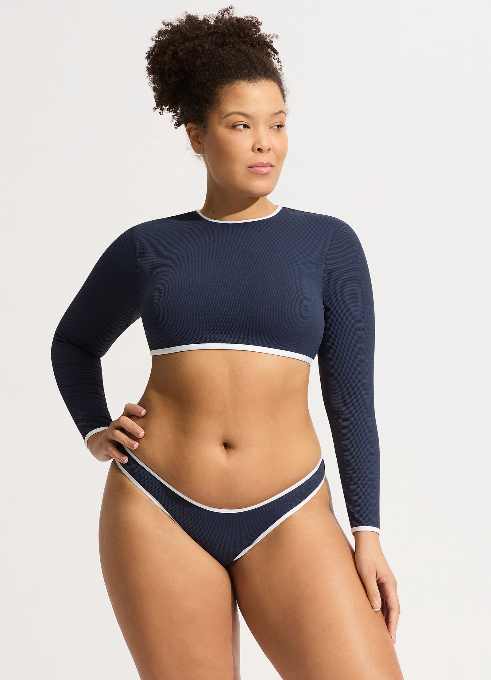 Beach Bound Cropped Long Sleeve Rashie - True Navy modern womens swimwear, one piece swimsuits women