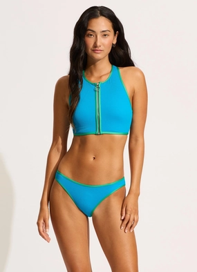 Beach Bound Zip Front Tank Bikini Top - Turquoise push up bikinis women, sporty womens bikini sets