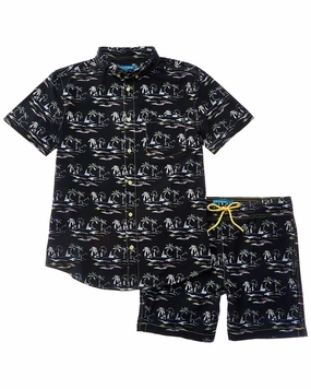 Beach Bros 2pc Palm Five-0 Swim Shirt & Trunk Set mens full coverage swimwear, stylish mens swim trunks