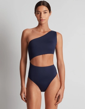 Beach Club Solids One Shoulder Cutout Swimsuit - Dark Navy tummy control swimwear women, slimming swimsuits