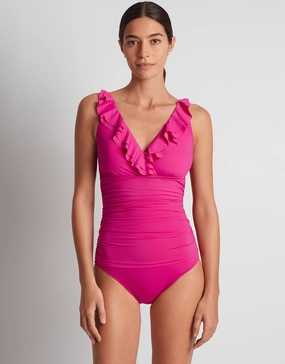 Beach Club Solids Ruffle Surplice Underwired Swimsuit - Freesia Pink womens resort swimwear, flattering one-piece swimsuits