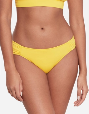 Beach Club Solids Shirred Tab Side Bikini Pant - Yellow adjustable swim bottoms women, flattering bikini bottoms
