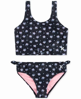Big Girls Printed Knot-Detail Tankini Swimsuit In Black stylish teen girl swimsuits, teen girls swimwear sets
