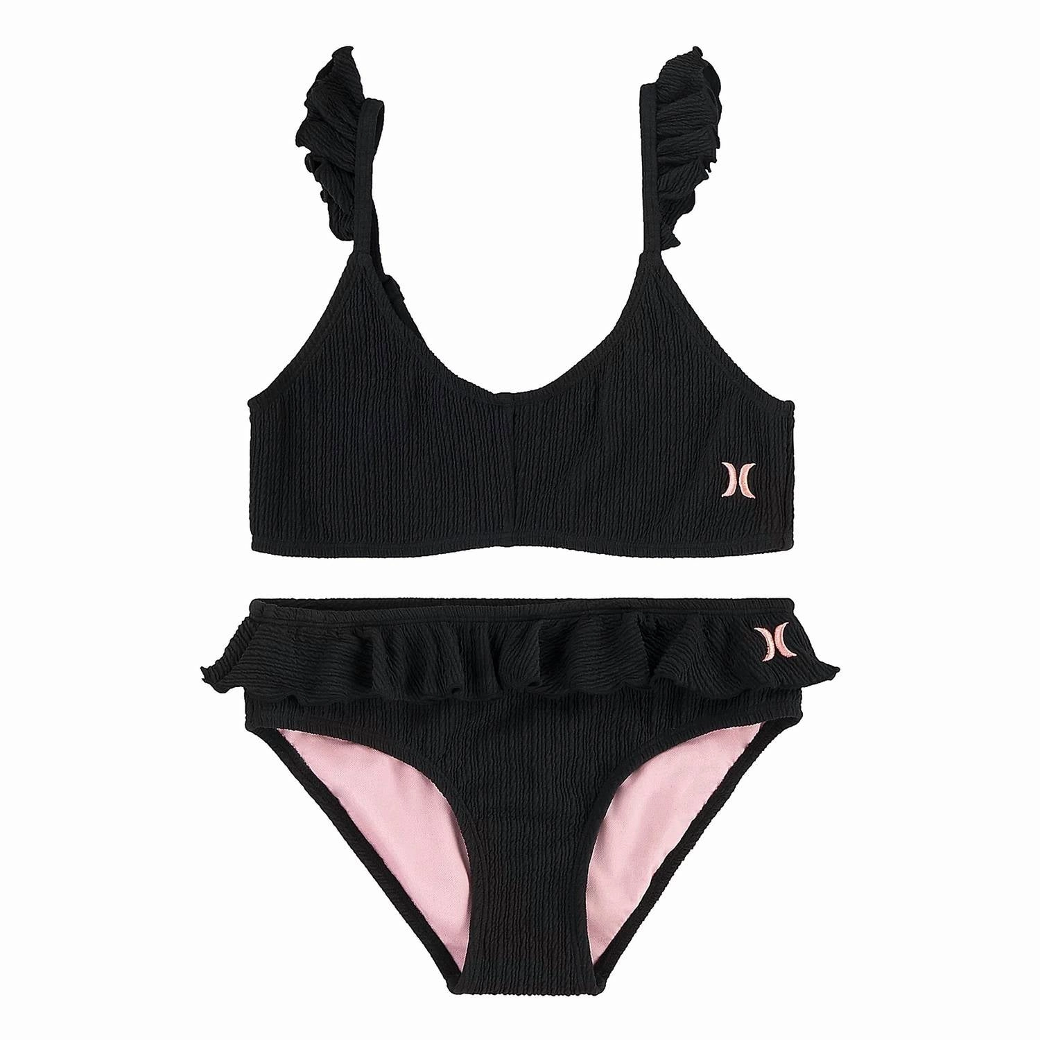 Big Girls Ruffle Bikini In Black stylish teen girl swimsuits, teen girls swimwear sets