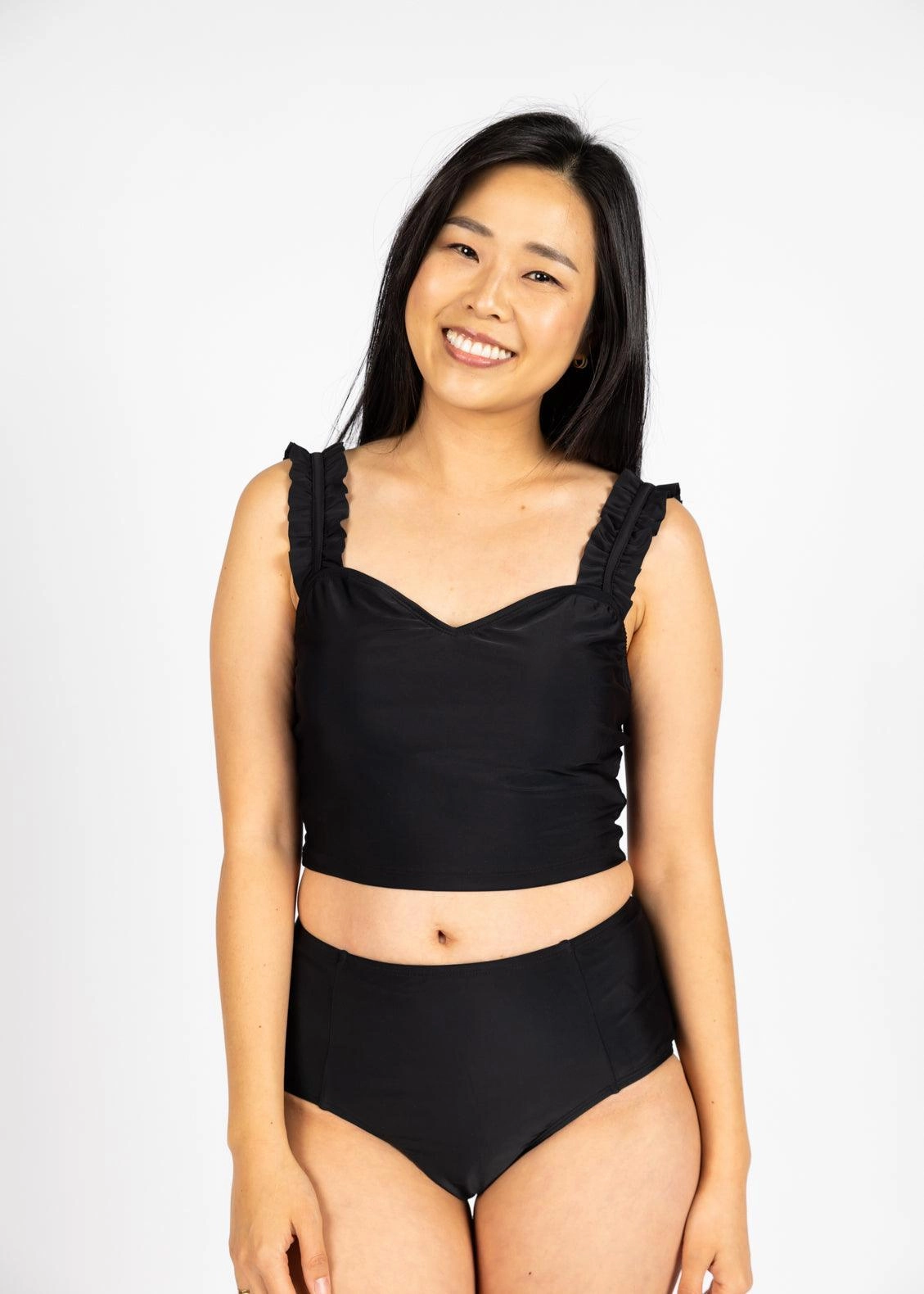 Black | Mid-Rise Bottoms elastic waistband swim bottoms, mix-and-match bikini bottoms