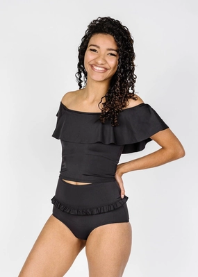 Black | Mid-Ruffle Bottoms elastic waistband swim bottoms, mix-and-match bikini bottoms
