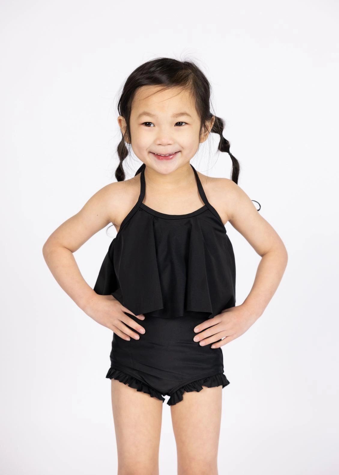 Black | Mini All Ruffled Up Bottoms girls full coverage swimwear, kids swimwear for pool