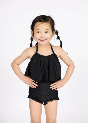 Black | Mini All Ruffled Up Bottoms girls full coverage swimwear, kids swimwear for pool