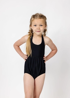 Black | Mini Romper One-Piece girls full coverage swimwear, kids swimwear for pool