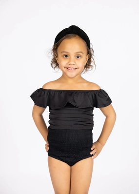 Black | Mini Smocked Bottoms girls full coverage swimwear, kids swimwear for pool
