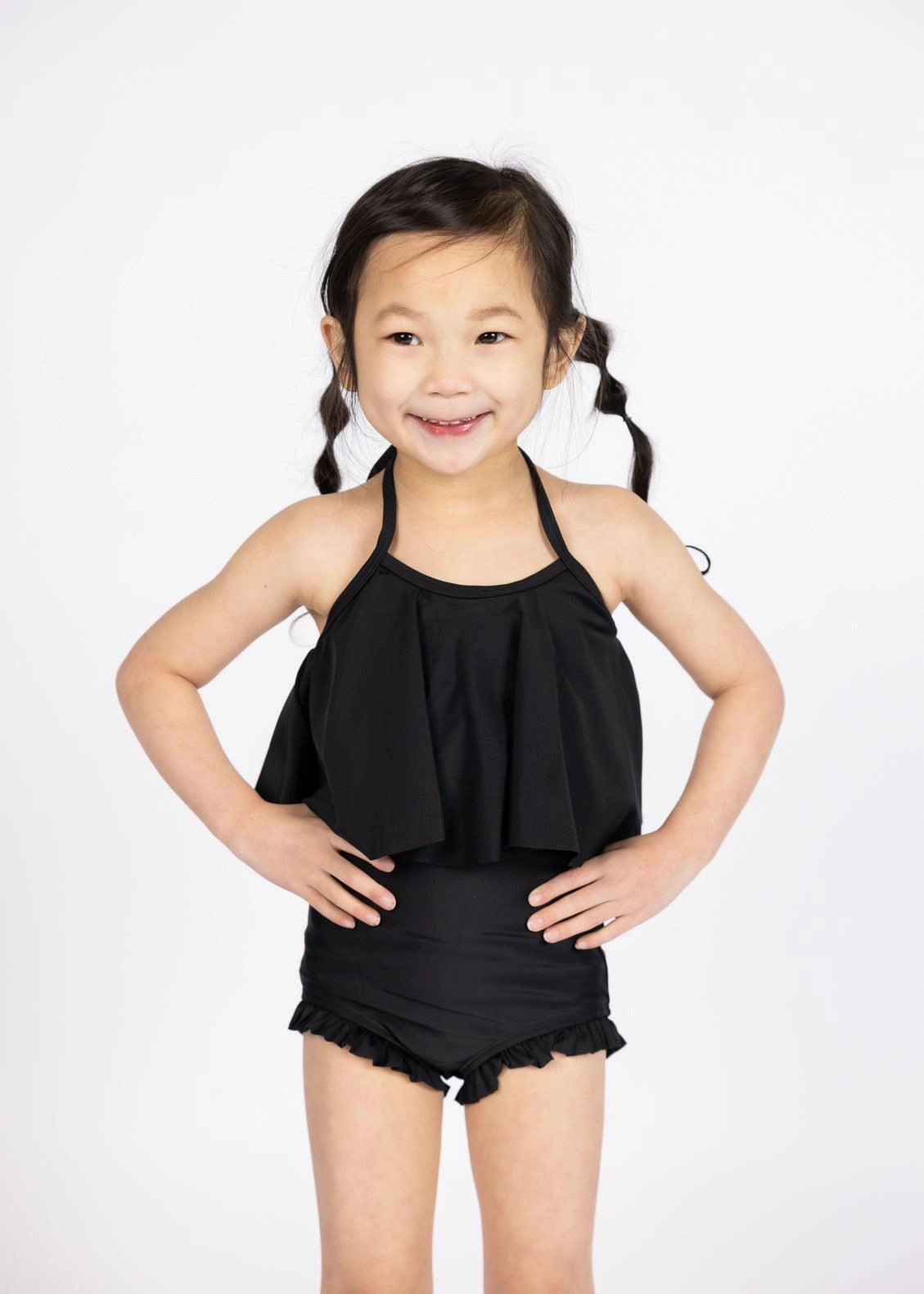 Black | Mini Swing Top girls full coverage swimwear, kids swimwear for pool