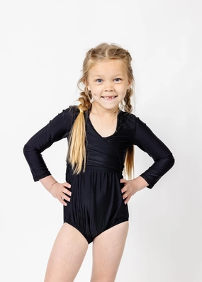 Black | Mini Wrap Top Rashguard girls full coverage swimwear, kids swimwear for pool