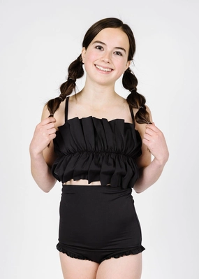 Black | Youth Oversized Ruffle Top girls full coverage swimwear, kids swimwear for pool