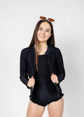 Black | Youth Rashguard Top (Unisex) with Zipper girls full coverage swimwear, kids swimwear for pool
