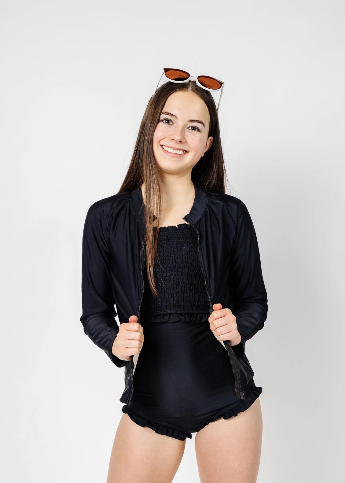 Black | Youth Rashguard Top (Unisex) with Zipper girls full coverage swimwear, kids swimwear for pool