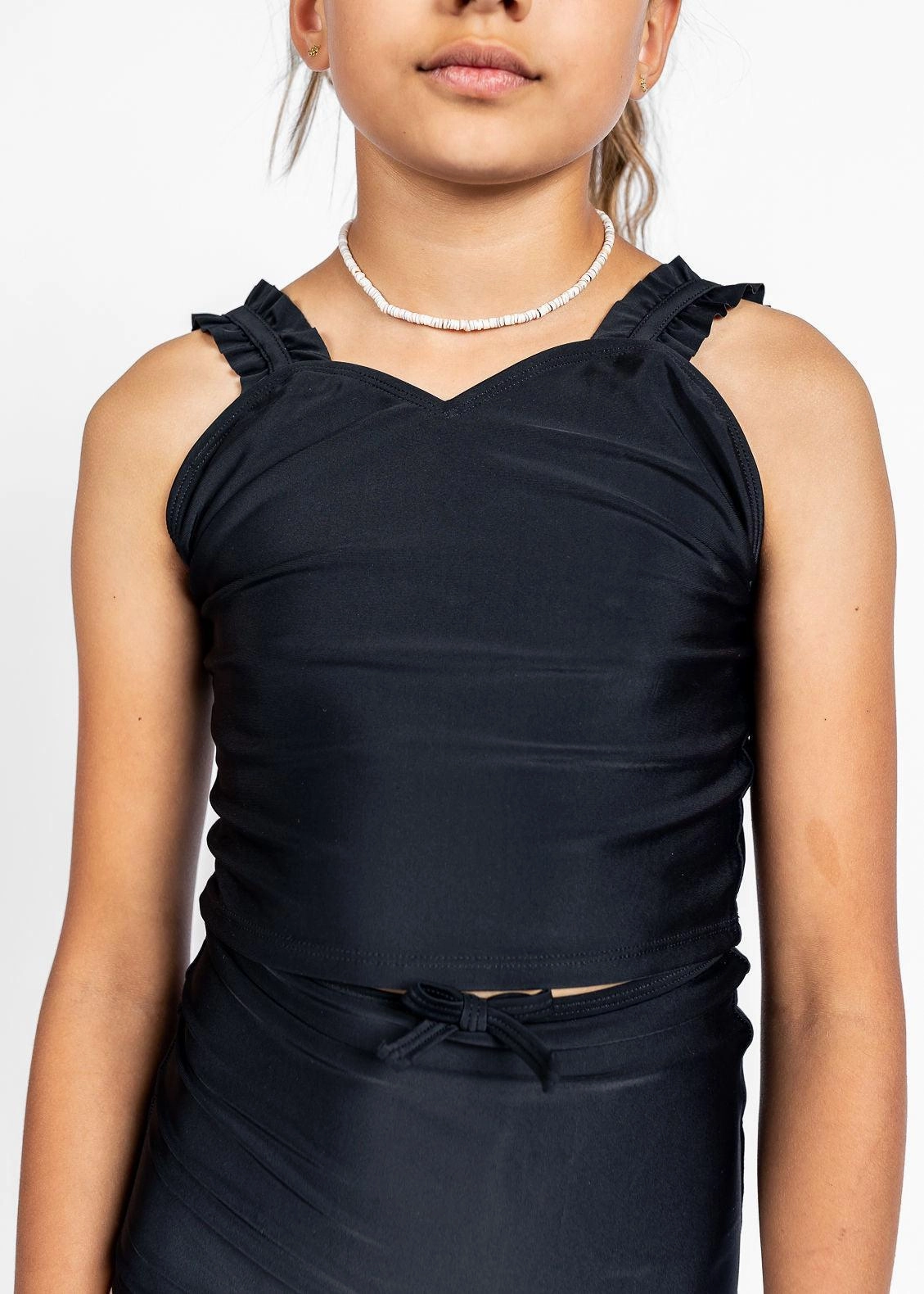 Black | Youth Ripple Top girls full coverage swimwear, kids swimwear for pool