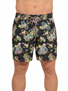 Black Bouquete Sailor Men Trunks In Black Bouquette mens beach swimwear, quick dry mens swimsuits