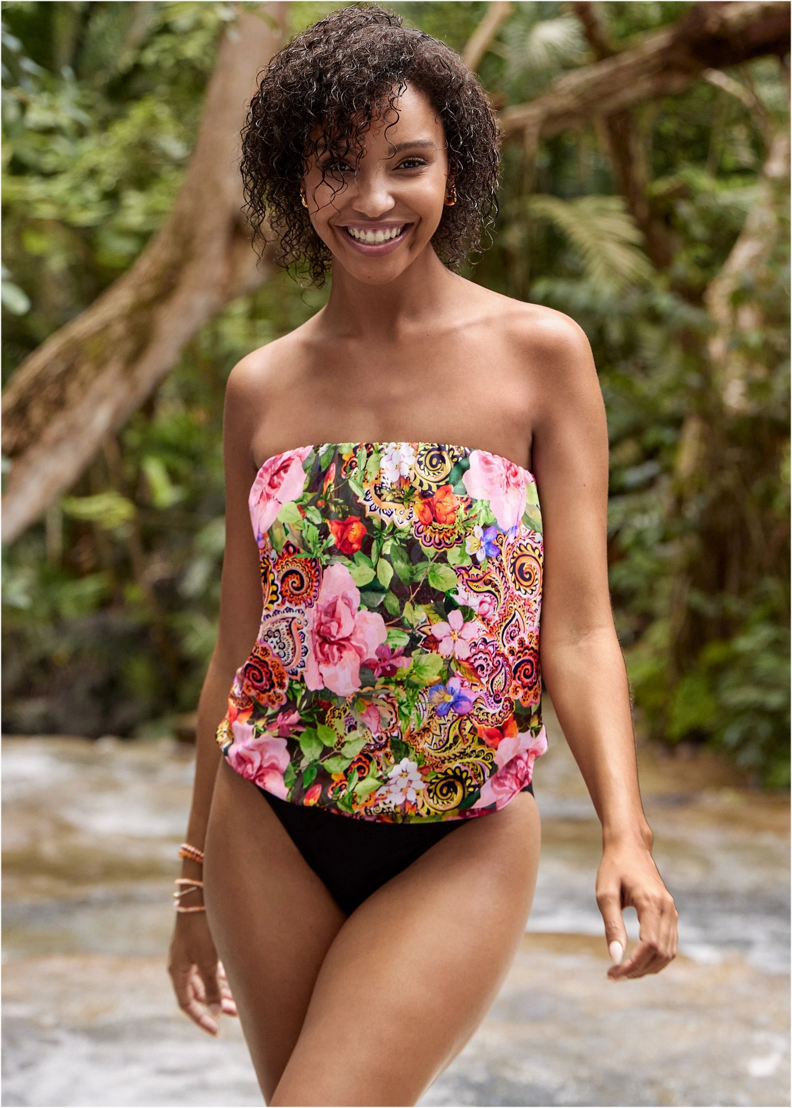 Blouson Bandeau Tankini - Camille supportive swim tops, printed bikini tops