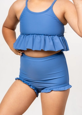 Blue Denim | Mini All Ruffled Up Bottoms girls full coverage swimwear, kids swimwear for pool