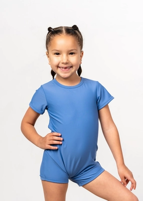 Blue Denim | Mini Shorties Rashguard (Unisex) girls full coverage swimwear, kids swimwear for pool