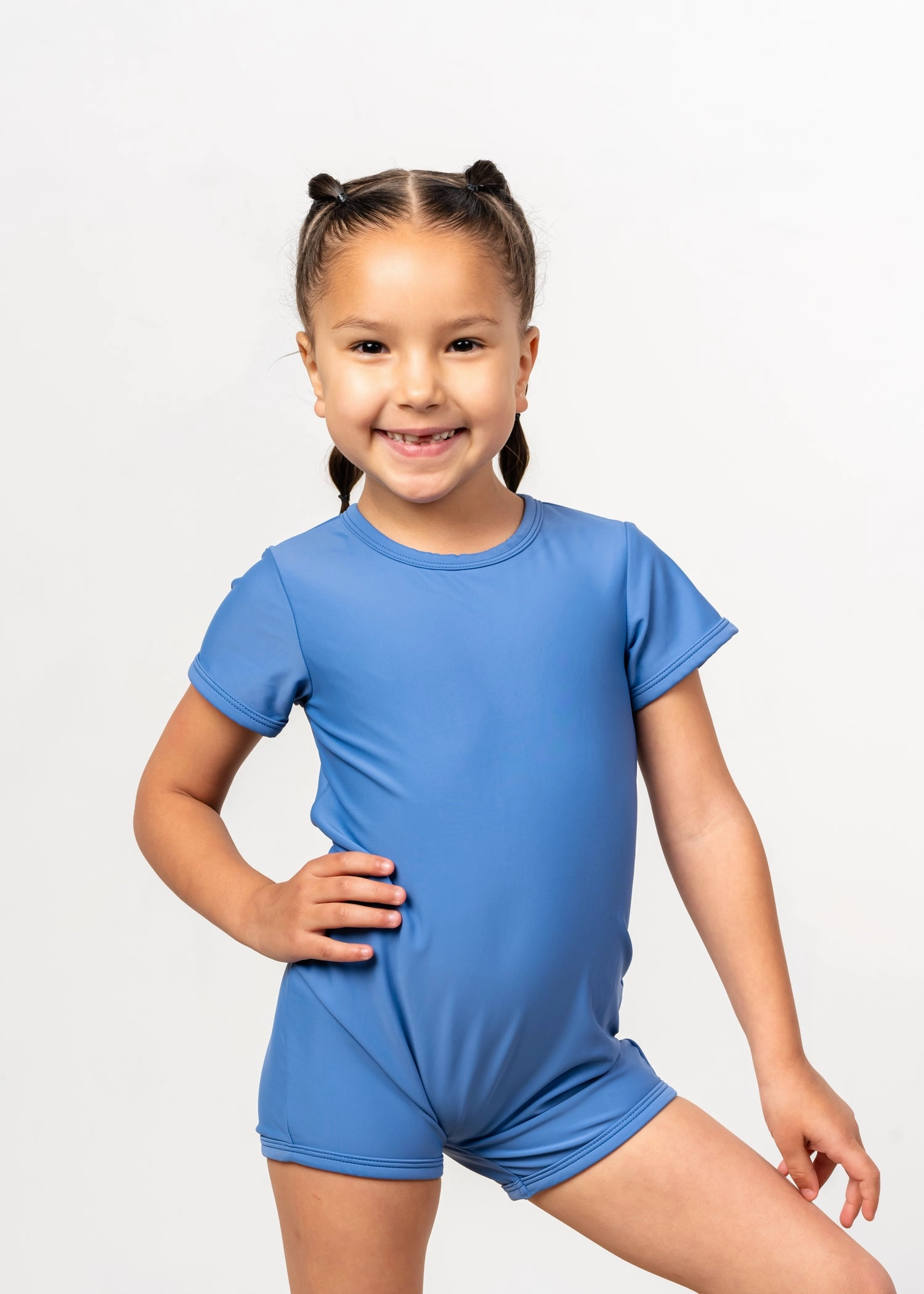 Blue Denim | Mini Shorties Rashguard (Unisex) girls full coverage swimwear, kids swimwear for pool