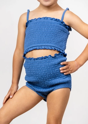 Blue Denim | Mini Smocked Bottoms girls full coverage swimwear, kids swimwear for pool