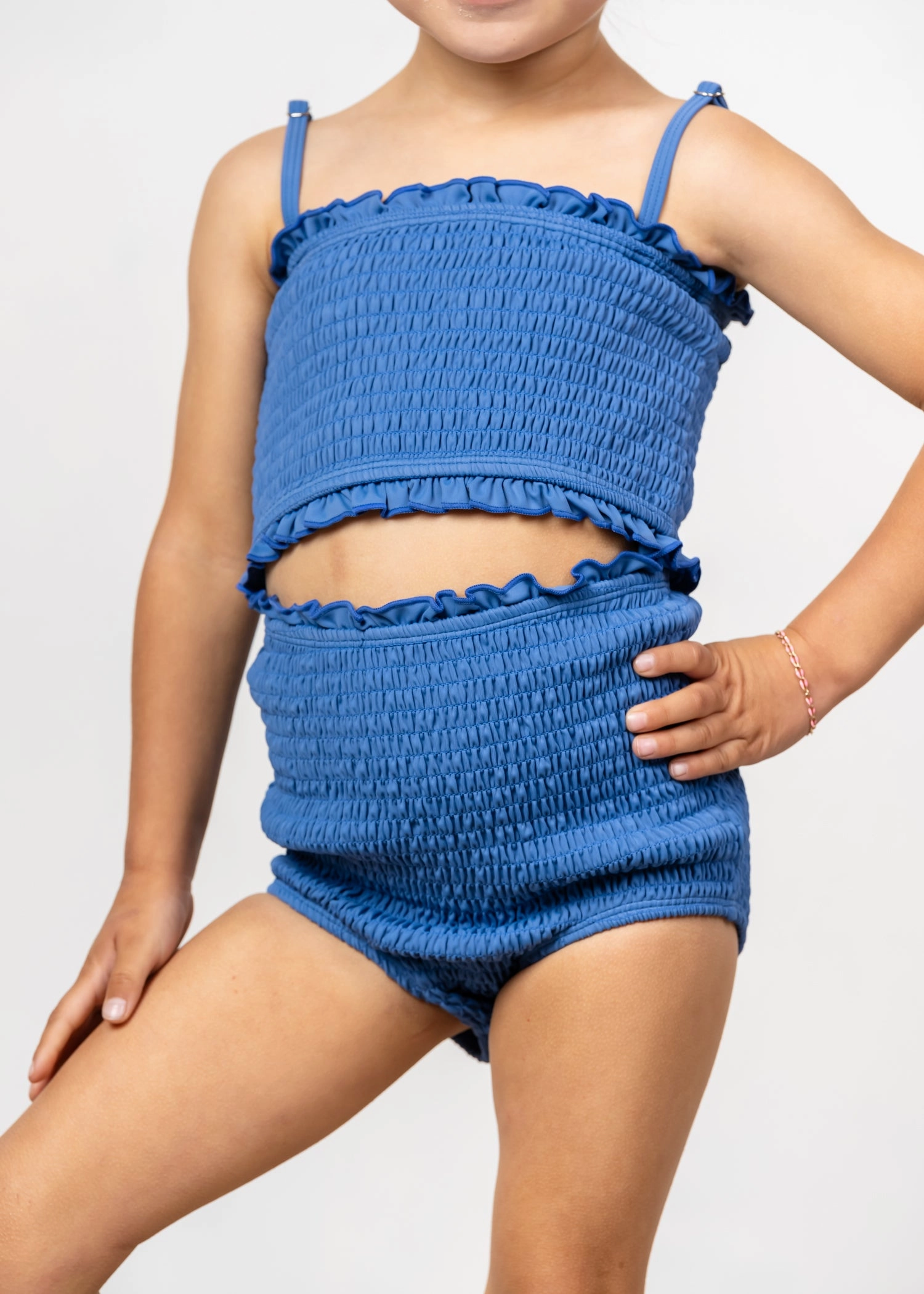 Blue Denim | Mini Smocked Bottoms girls full coverage swimwear, kids swimwear for pool