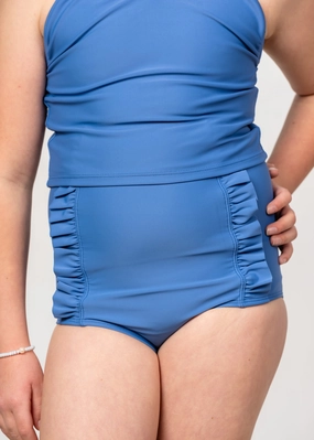Blue Denim | Youth Down in Front Ruffle Bottoms girls full coverage swimwear, kids swimwear for pool