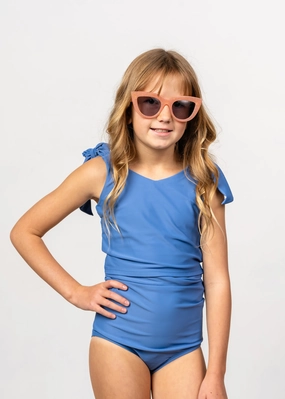 Blue Denim | Youth Knot Top girls full coverage swimwear, kids swimwear for pool