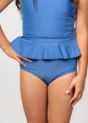Blue Denim | Youth Peplum Bottoms girls full coverage swimwear, kids swimwear for pool