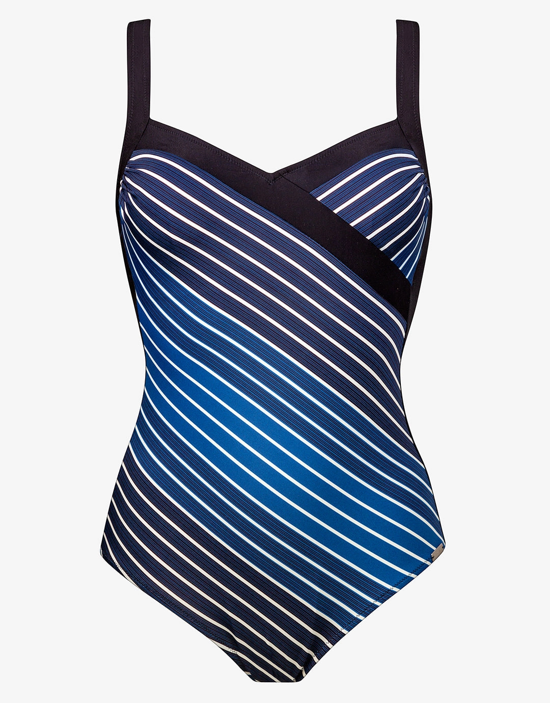 Blue Illusion Cross Front Swimsuit - Blue and White womens resort swimwear, flattering one-piece swimsuits