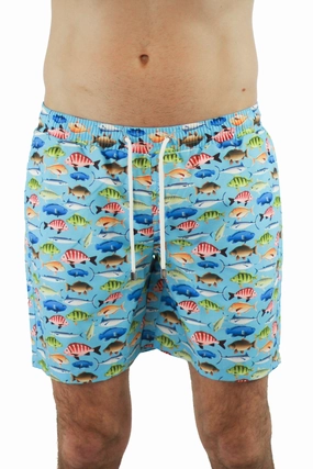 Blue with Multicolor Fish mens beach swimwear, quick dry mens swimsuits