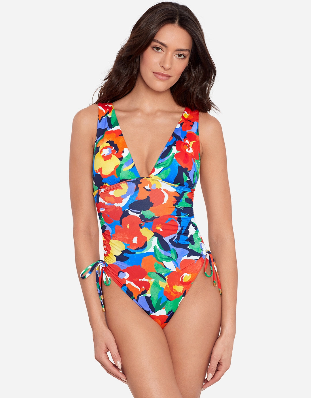 Bold Abstract Floral Ruched Plunge Swimsuit womens resort swimwear, flattering one-piece swimsuits