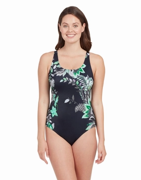 Botanica Adjustable Scoopback Swimsuit - Black/Green minimalistic swimsuits women, sleek swimwear styles