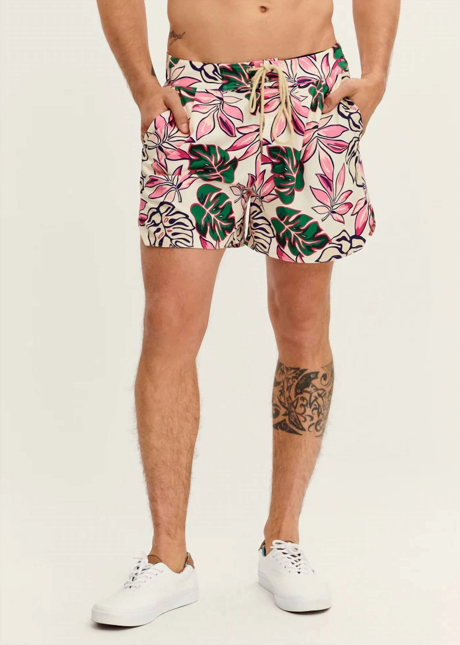 Bree Swim Shorts In White Tropical mens beach swimwear, quick dry mens swimsuits