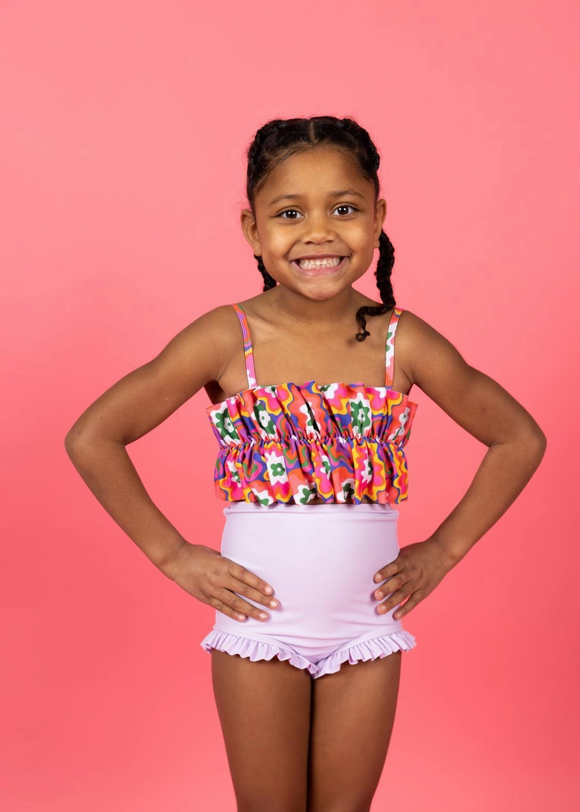 Bright Lilac | Mini All Ruffled Up Bottoms girls full coverage swimwear, kids swimwear for pool