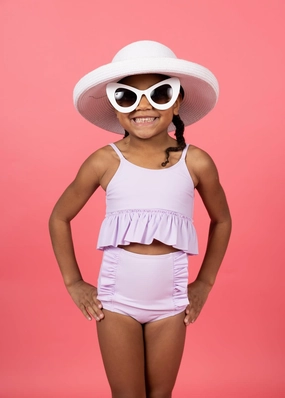 Bright Lilac | Mini Down in Front Ruffle Bottoms girls full coverage swimwear, kids swimwear for pool