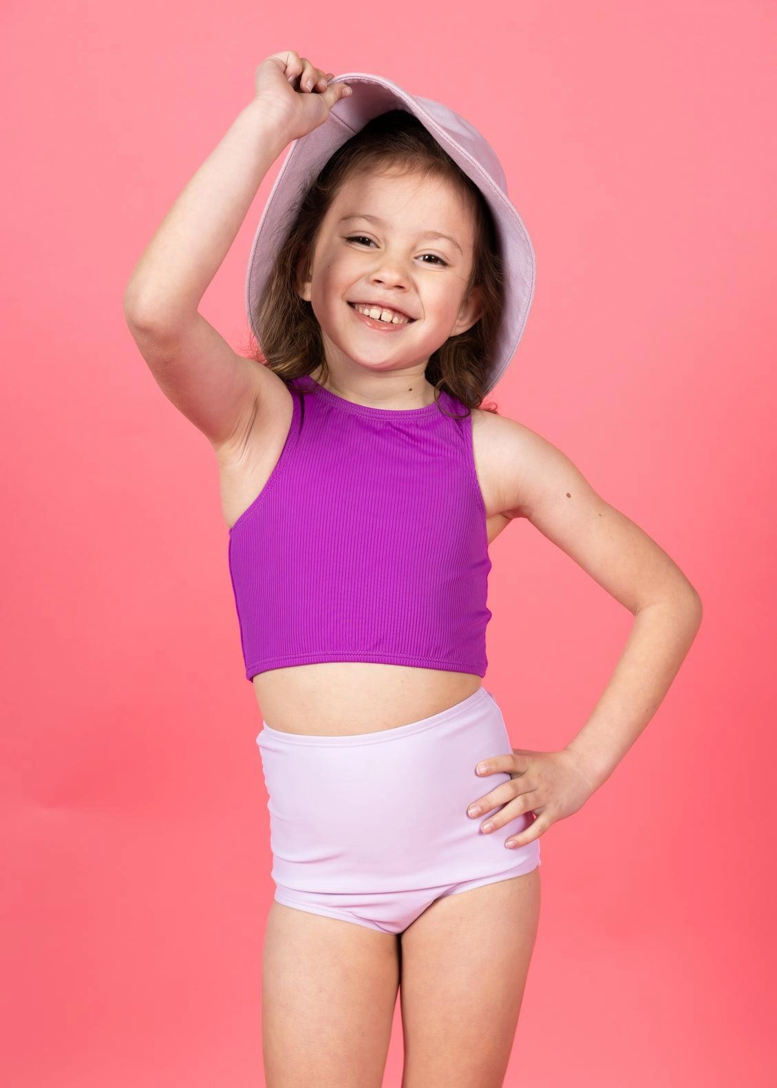 Bright Lilac | Mini High-Waisted Bottoms girls full coverage swimwear, kids swimwear for pool
